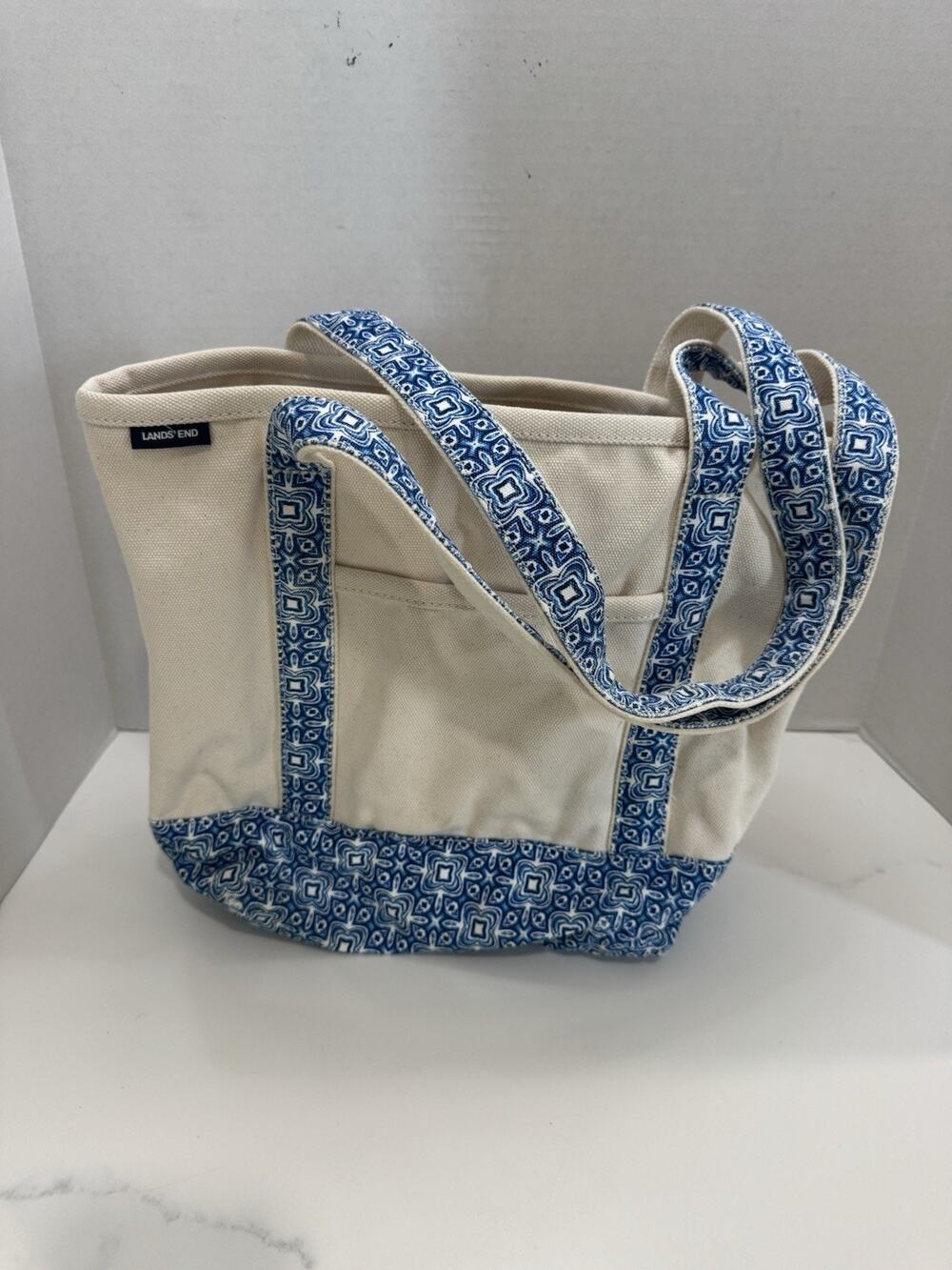Lands End Canvas Tote Bag Womens Medium Blue White Geometric Open Top Shoulder